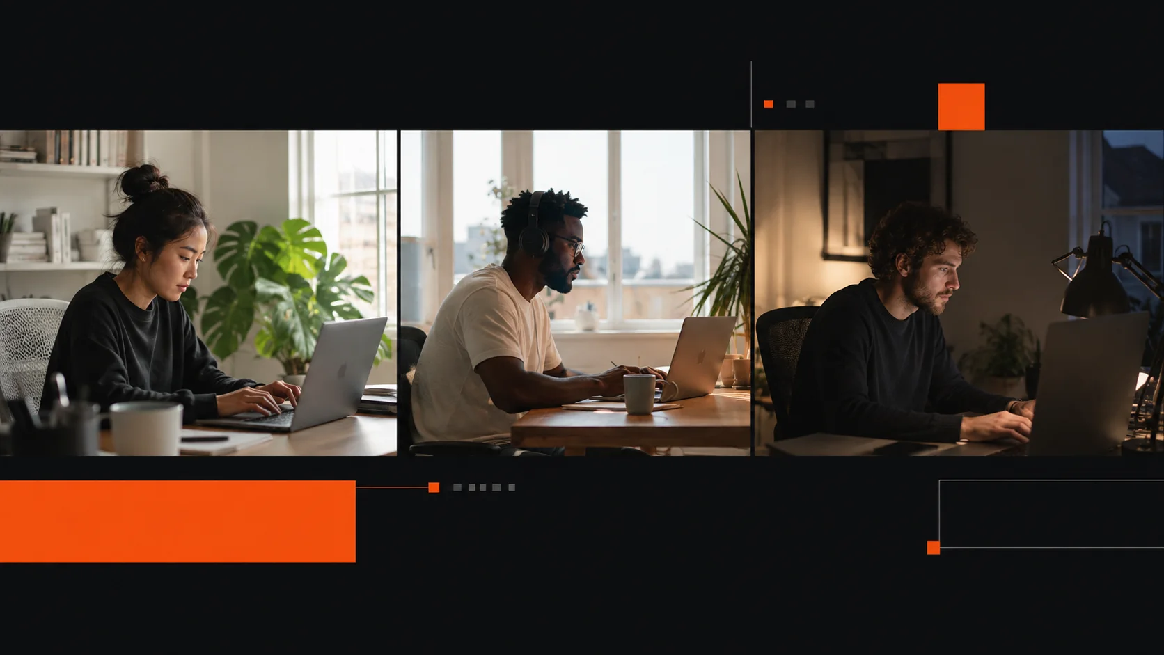 Three technology professionals working from home across morning, afternoon, and evening.